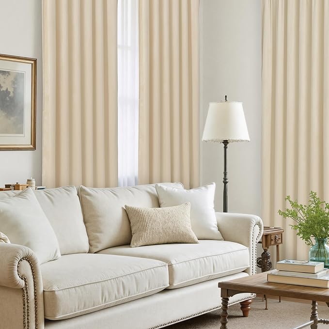 LAMIT Beige Velvet Curtains 102 Inch for Living Room, Elegant Thermal Insulated Drapes Noise Reducing Back Tab and Rod Pocket Drapes for Bedroom/French Door, 2 Panels, 52 x 102 Inch