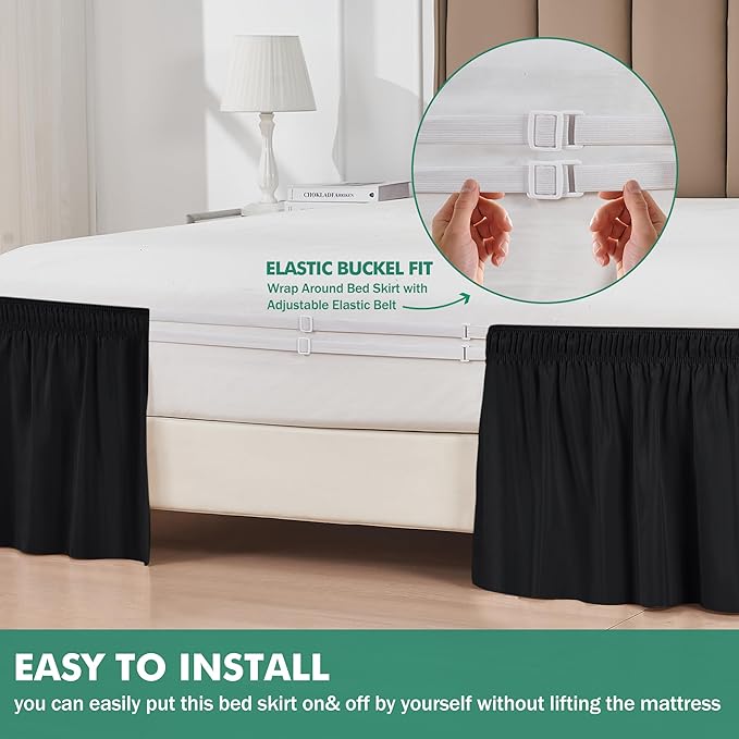 Biscaynebay Wrap Around Bed Skirts with Split Corners for Full Beds 17" Drop, Black Elastic Dust Ruffles Easy Fit Wrinkle & Fade Resistant Silky Luxurious Fabric Solid Machine Washable