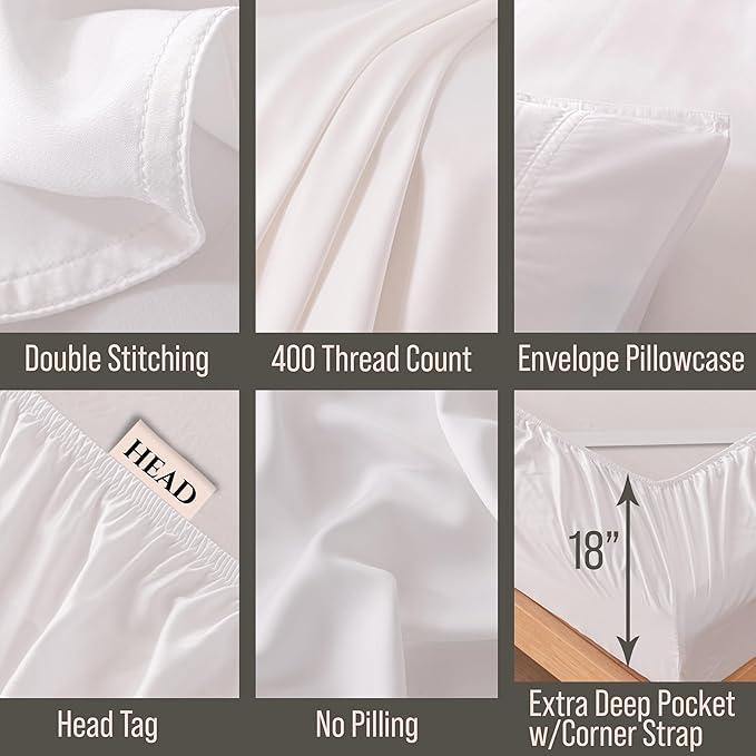 Bella Coterie 6 Piece Luxury Bamboo Viscose Queen Size Sheet Set | 100% Organically Grown | Cooling for Hot Sleepers | 18" Deep Pocket | Soft & Hypoallergenic | 4 Pillowcases [White]