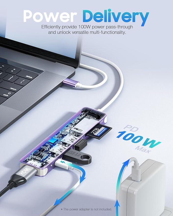 Hiearcool USB C Hub, 7-in-1 Multi-Port Adapter, USB-C to 4K HDMI Splitter Type C Dock Dongle with 100W Power Delivery SD/TF Card Reader Compatible for MacBook Pro/Air and More Type USBC Devices