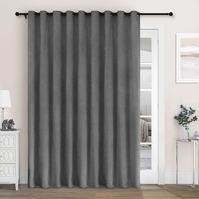 Macochico 120" Wx84 L 100% Blackout Chenille Curtains for Sliding Door Living Room Bedroom, Luxury Drapery for Hotel Home Theater, Dark Grey Thermal Window Treatments with Tieback, Grommet, 1 Panel