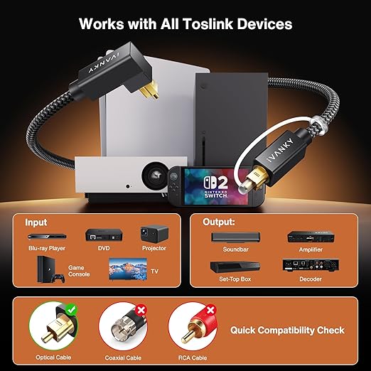 iVANKY Right Angle Optical Audio Cable, 6ft/1.8M 24K Gold-Plated 90 Degree Toslink Digital Fiber Optic Cable, 90° Angled & Lossless Audio S/PDIF Optical Cable for Soundbar, TV, PS5, Xbox, Home Theater