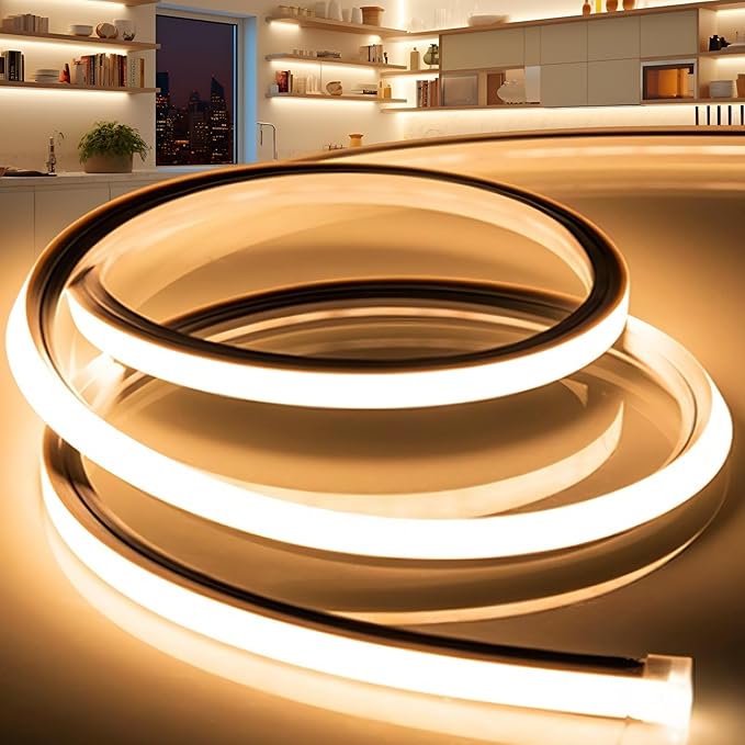 VOEWT LED Strip Lights Warm White 3000K,16.4ft 110-120V Neon Rope Lights,Flexible Silicone Outdoor Waterproof Neon Strip Lights for Bedroom,Mirror,Kitchen Cabinet, Living Room,Halloween Decor