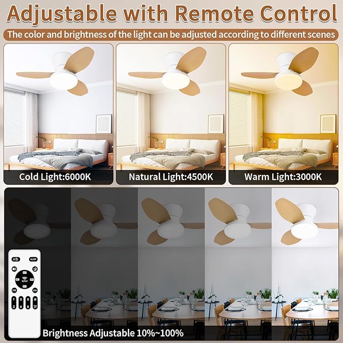 Glowall Small Ceiling Fan with Lights, 25 Inch Flush Mount with Remote Control, Reversible Quiet DC Motor, 3 Blades, 6 Speeds, Dimmable LED, Adjustable Color Temperature, Timer