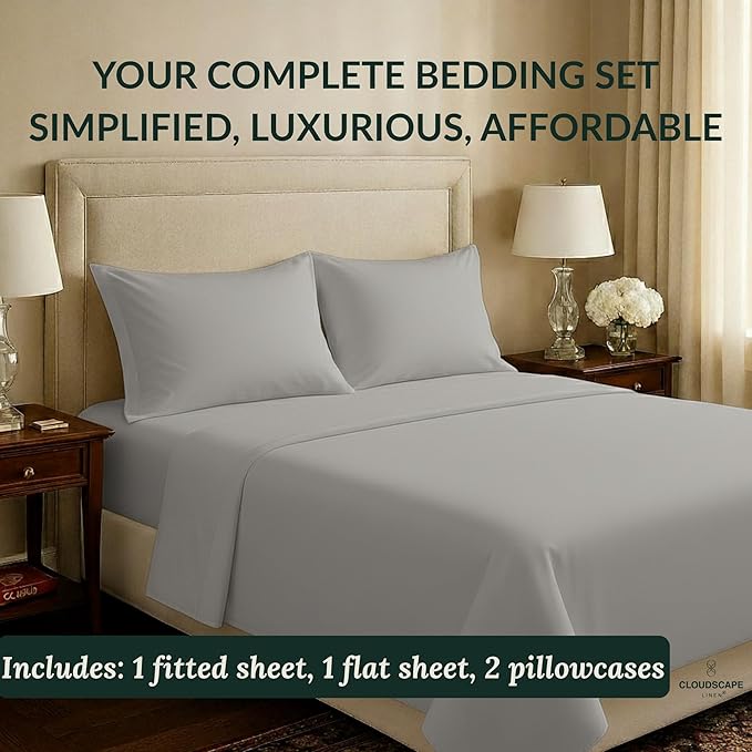 Cloud Scape Linen 100% Egyptian Cotton Sheets Full Size, 4 Pieces Luxury Bedding Set, 400 Thread Count,Hotel Quality, Silky Soft, Deep Pockets up to 17, Light Grey