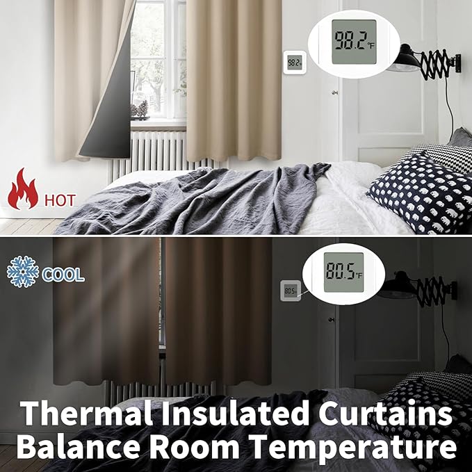 BGment Thermal Insulated 100% Blackout Curtains for Bedroom with Black Liner, Double Layer Full Room Darkening Noise Reducing Grommet Curtain (38 x 63 Inch, Sand, 2 Panels)