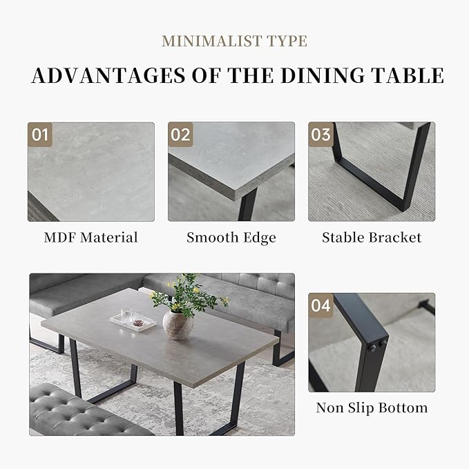 3 Piece Dining Table Set with Bench, 42.9 Inch Modern Kitchen Table with Right Seat Corner and 43.3 Inch Bench for Family Dining Room Furniture