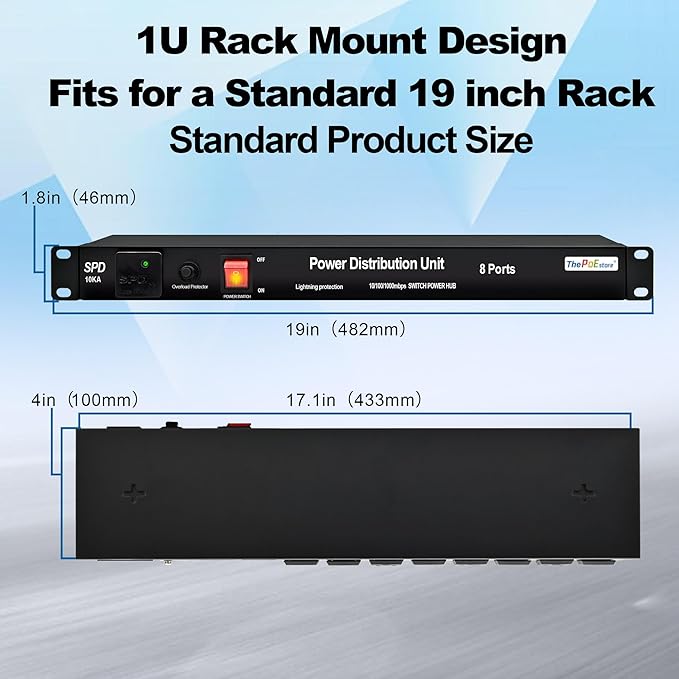 1U PDU Rack Mount Power Surge Protection, 8 NEMA 5-15R Outlets & 5-Port Gigabit Ethernet Switch, 100-250V 15A 3600 Joules, w/10KA SPD Lightning & 6ft Cord, ETL Listed