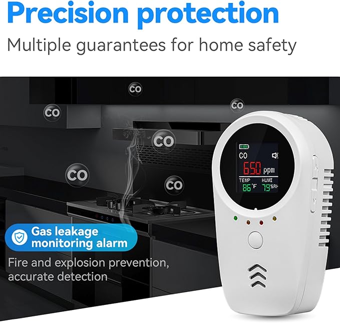 Rechargeable 5-in-1 Carbon Monoxide & Natural Gas Detectors with Temperature/Humidity LCD Display & 2000mAh Lithium-ion Battery, Portable Plug in Co Detector for Home Travel RV Essentials, 1PCS