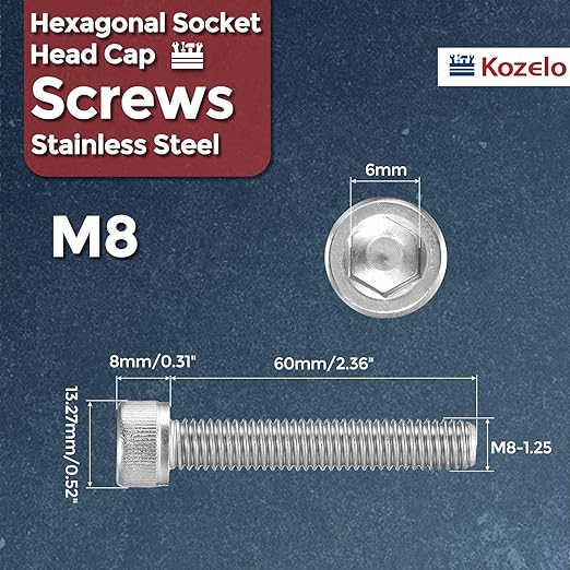 Kozelo 5pcs Socket Head Cap Screws - [M8-1.25 x 60mm] 304 Stainless Steel Allen Socket Drive for Electrical Motor 3D Printing Fan Engine Replacement Use, Silver