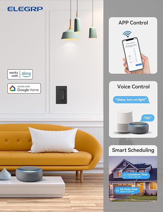 ELEGRP Smart Dimmer Light Switch DTR10, Single Pole Setup, 2.4GHz Wi-Fi Touch Dimmer Compatible with Alexa and Google Assistant, Needs Neutral Wire, No Hub Required, UL&FCC Listed, Black, 6 Pack