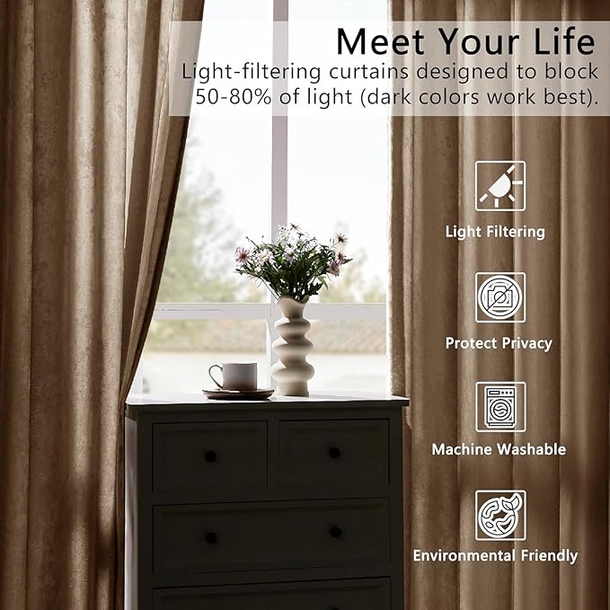 SMILETIME Amber Beige Crushed Velvet Curtains 52x90 inch Luxurious Thermal Insulated Soundproof Drapes for Living Room Bedroom Office Soft and Durable Light-Filtering Window Treatments, 2 Panels