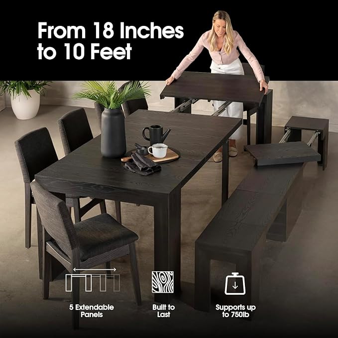 Transformer Table - Solid Wood Extendable Dining Table, Seats 2-12, Extendable Dining Room Table, Space-Saving Furniture, Expandable Dining Furniture, Black (Table Only)