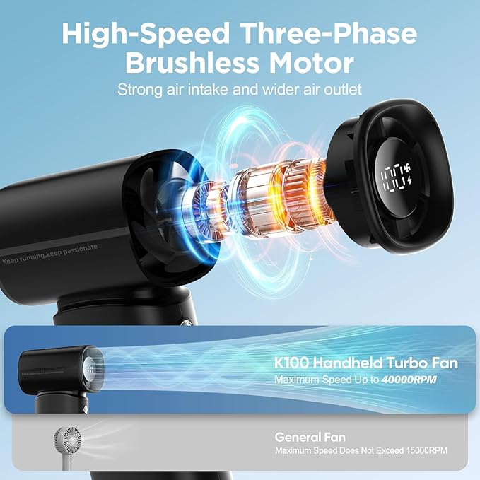 K-RUNMAN Portable Handheld Turbo Fan, 5 Gear Wind, Battery Operated, Up to 12 Working Hours, LED Display with Air Turbo Tech Cooling Fan for Outdoor Activities, Travel, Beach (Black)