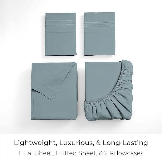 Mellanni Twin Sheet Set - 4-Piece Iconic Collection Bedding, (Including 2 Pillowcases), 16-Inch Deep Pocket, Easy Care, Extra Soft, Cooling Sheets, Brushed Microfiber - Spa Blue