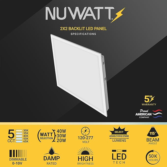 NUWATT 40 Pack 2x2 LED Flat Panel Lighting, Drop Ceiling Light Wattage Selectable 40W/30W/20W, 5CCT 3000K/3500K/4000K/5000K/6500 Suspended Ceiling LED Lights, 4400LM, Dimmable 0-10V, 120-277V, ETL