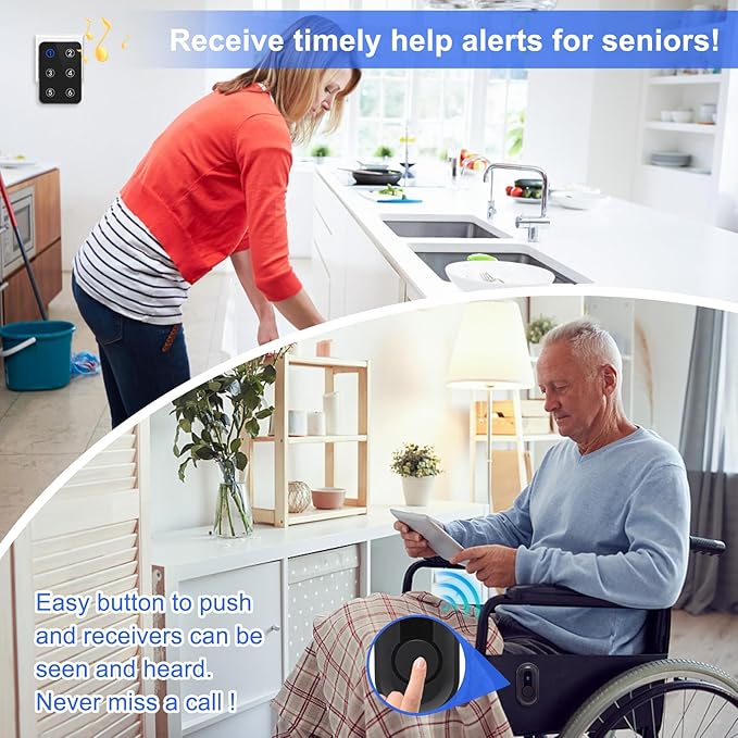 Wireless Caregiver Pager Call Button Nurse Call System 500Ft Range with LED Number Display for Elderly/Patient/Disabled at Home/Hospital/Clinic(6 Waterproof Call Button & 2 Receiver)