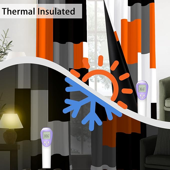 Orange 100% Blackout Curtains for Bedroom 84 inch Length 2 Panels Set White Grey Modern Abstract Geometric Black Out Curtains Insulated Room Darkening Window Drapes for Living Room, 42Wx84L