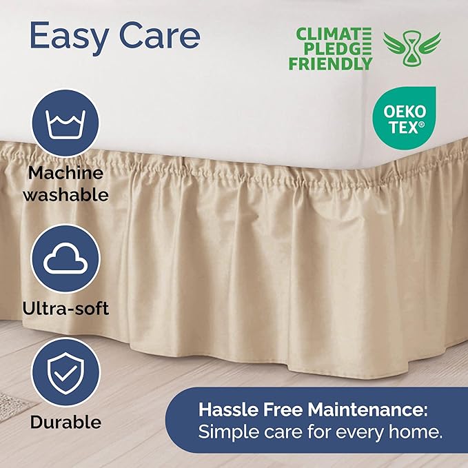 Wrap Around Dust Ruffle Bed Skirt - Cream - Twin/Twin XL Size Beds with 12 Inch Drop - Easy Fit Elastic Strap - Adjustable Pleated Bedskirt w/Brushed Fabric - Wrinkle Free - Women, Men, Kids & Teens