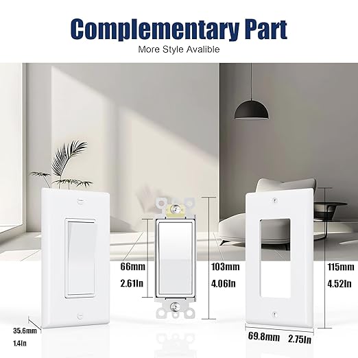 ThunderWay 3 Way Decorator Light Switch with Wall Plates, 15A 120/277V Decora Three Way Electrical Wall Paddle Rocker Switches Replacement, Residential Grade, UL Listed, Glossy White(20 Pack)