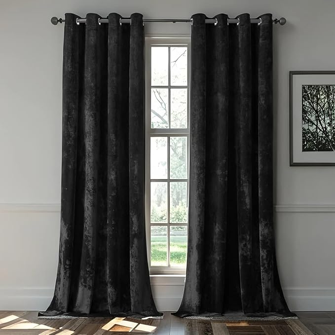 SMILETIME Black Crushed Velvet Curtains 52x84 inch Luxurious Thermal Insulated Soundproof Drapes for Living Room Bedroom Office Soft and Durable Light-Filtering Window Treatments, 2 Panels