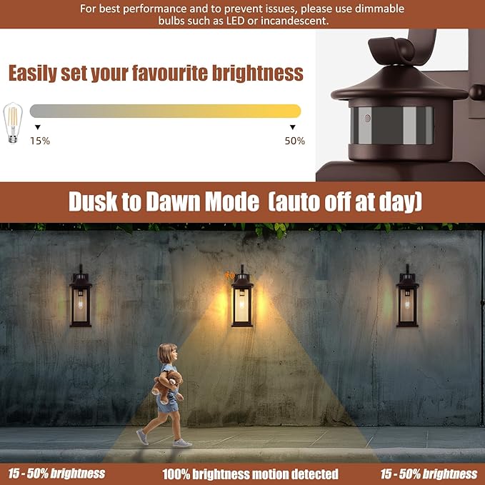 Roravilila Dusk to Dawn Motion Sensor Outdoor Lights Oil Rubbed Bronze 2-Pack, 18 Inch Large Outdoor Light Fixtures Brown Exterior Lights Photocell IP65 Waterproof Outside Lanterns for House Vintage