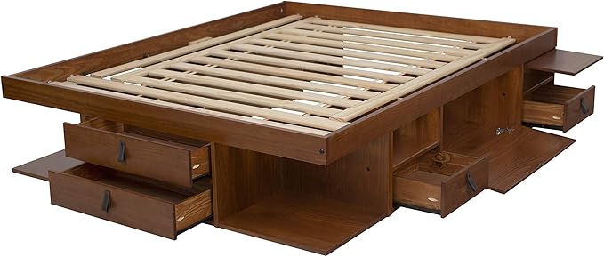 memomad Bali Storage Platform Bed with Drawers (Queen Size, Caramel Brown Wood)