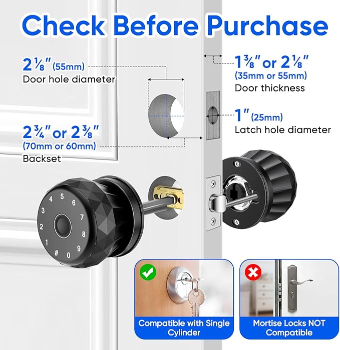 Smart Door Knob Fingerprint Door Lock with Keypad, Keyless Entry Deadbolt for Front Door, Smart Auto Lock Deadbolt with Phone/Watch App Control, Biometric Fingerprint Gate Knob with 6 Ways to Unlock