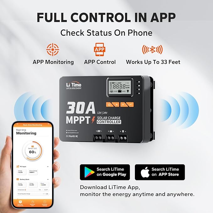 LiTime 30 Amp MPPT 12V/24V/Auto DC Input Solar Charge Controller Build-in Bluetooth Module, Parameter Adjustable LCD Display LED Indicators Solar Panel