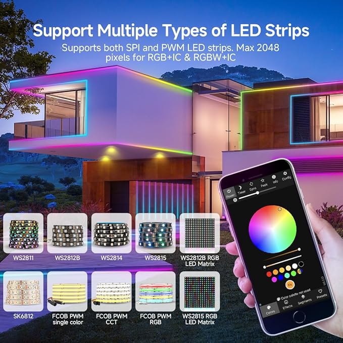 BTF-LIGHTING ESP32 WLED LED Strip Controller SP803E Built-in Mic DIY Dynamic Modes UART USB Type-C Download for WS2811,WS2812,SK6812,WS2814,WS2815 Addressable LED Strip/Matrix,PWM Dimming CCT RGB LED