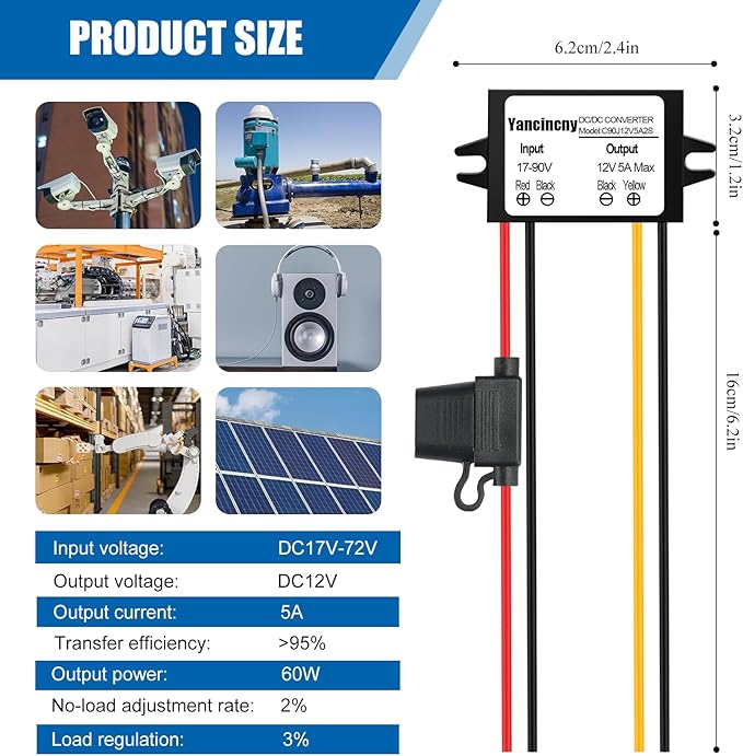 Yancincny DC 24V 36V 48V 60V 72V 84V 90V Step Down to 12V 5A 60W Converter Regulator Reducer Power Supply Module Buck Transformer, Waterproof DC 48V to 12V Converter with Fuse for Golf Cart