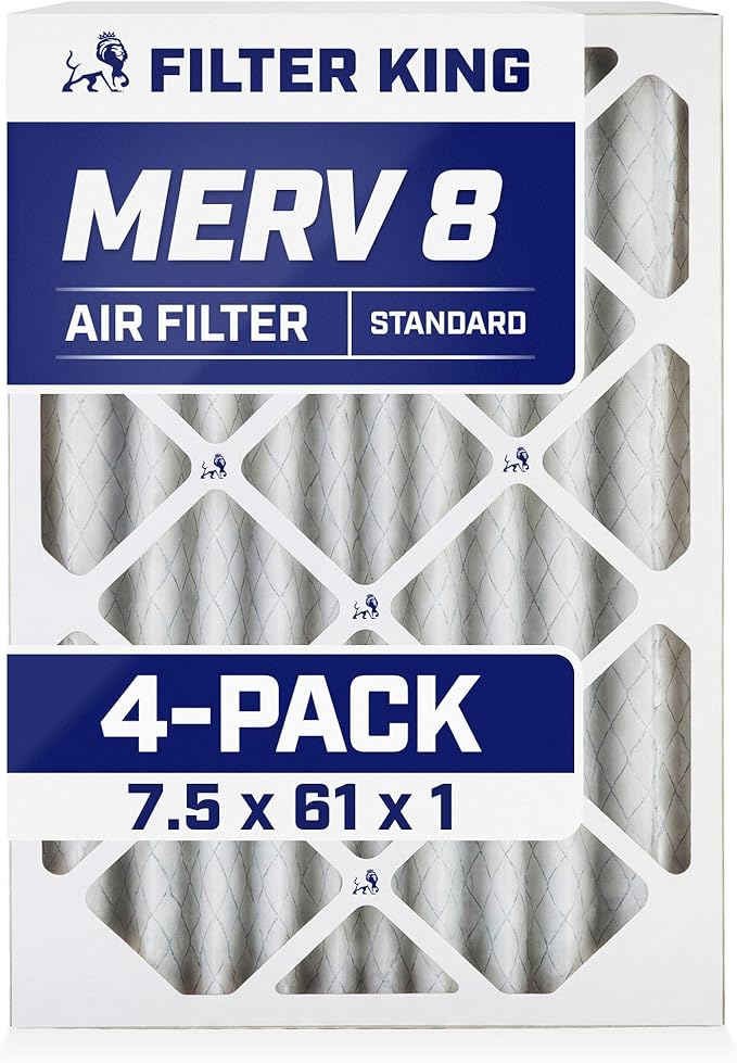 Filter King 7.5x61x1 Air Filter | 4-PACK | MERV 8 HVAC Pleated A/C Furnace Filters | MADE IN USA | Actual Size: 7.5 x 61 x .75"