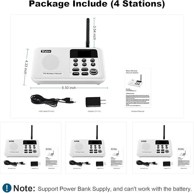 Wuloo Intercoms Wireless for Home 1 Mile Range 22 Channel 100 Digital Code Display Screen, Wireless Intercom System for Home House Business Office, Room to Room Intercom Communication(4Stations White)