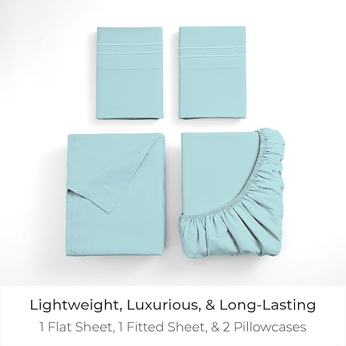 Mellanni Twin Sheet Set - 4-Piece Iconic Collection Bedding, (Including 2 Pillowcases), 16-Inch Deep Pocket, Easy Care, Extra Soft, Cooling Sheets, Brushed Microfiber - Aqua