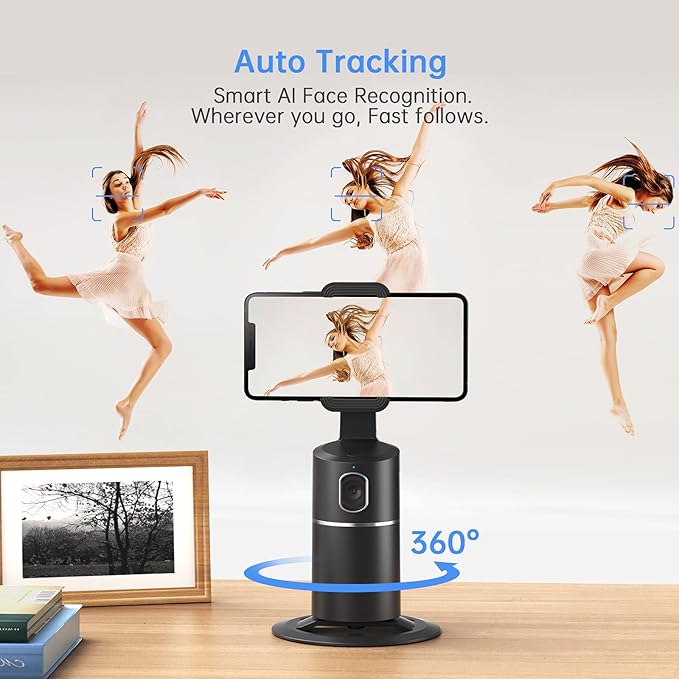camrola Auto Face Tracking Phone Holder, No App Required, 360° Rotation Face Body Phone Tracking Tripod Smart Shooting Camera Mount for Live Vlog Streaming Video, Rechargeable Battery-Black