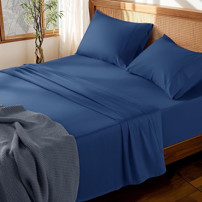 LBRO2M 100% Cotton Sheets Set Deep Pocket 19", 1000 Thread Count California King Size 4 Piece Bed Sheet Sets Soft Comfortable Bedding All Season (California King, Navy Blue)