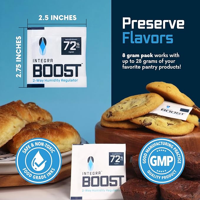 Integra Boost 2-Way Humidity Control Pack - Preserve Flavor & Control Humidity at 72% RH - Moisture Absorber for Herbs, Spices & More - 8 Gram (Pack of 50)