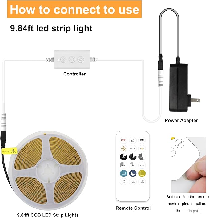 COB LED Strip Lights with Remote, 24V 9.84ft Natural White Dimmable LED Light Strips, High Bright 4000K LED Lights with Power Supply for Room, Kitchen, DIY Home Decoration
