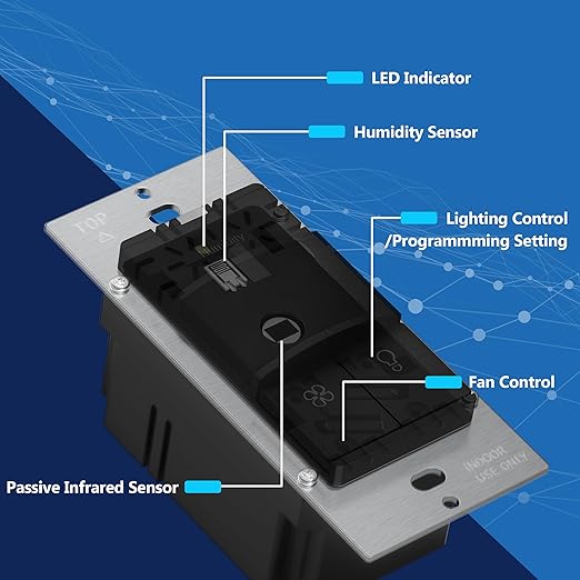 LIDER Humidity Sensor Switch and Motion Sensor Light Switch, PIR Sensor, Humidity Detection, Occupancy/Vacancy, No Neutral Required, ¼ HP, 1-Pole, UL Listed, Black, Wall Plate Included
