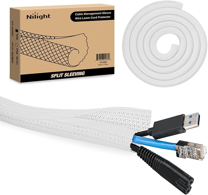 Nilight Cable Sleeve, 10ft-1/2inch Cord Management Sleeves, Braided Sleeving, Split Self Wrapping Wire Loom for Computer Electrical Automotive Harness Protector Organizer, White
