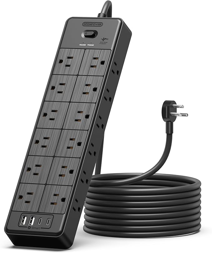 24 Widely Outlets Extension Cord 10 Ft NTONPOWER 15A/1875W Power Strips with Surge Protection 4000J,Black Extension Cord Surge Protector with 4 USB Ports(2 USB C), Wall Mount Holes for Home, Office