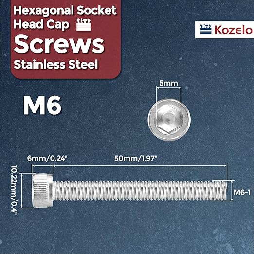 Kozelo 20pcs Socket Head Cap Screws - [M6-1 x 50mm] 304 Stainless Steel Allen Socket Drive for Electrical Motor 3D Printing Fan Engine Replacement Use, Silver