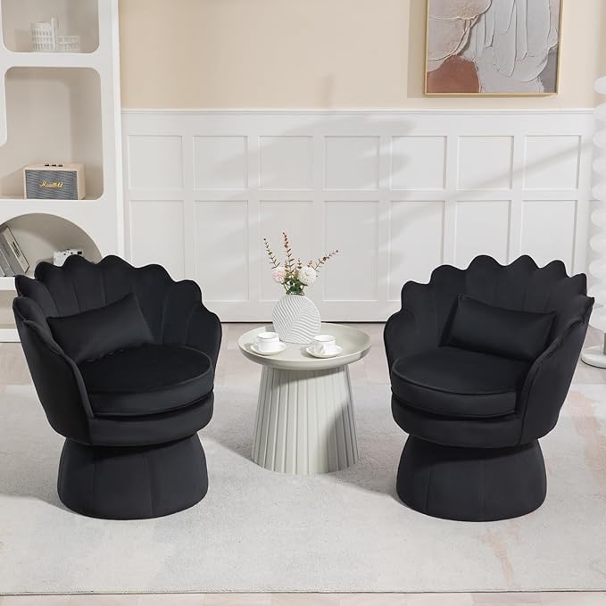 360° Swivel Accent Chair, Mid-Century Modern Velvet Barrel Chair, Comfy Shell Shape Arm Chair with Lumbar Pillow for Living Room, Bedroom, Office, Black