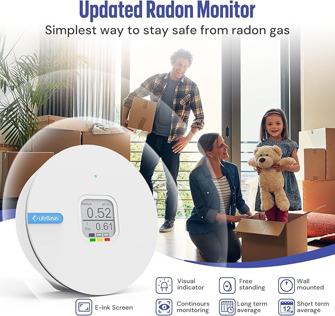 LifeBasis Radon Detector for Home, Portable E-Ink Display Radon Meter with Short & Long Term Monitoring of Radon Levels, Visual Alarm, Switchable Mesurement Unit Bq/m3 or pCi/L, Battery-Powered
