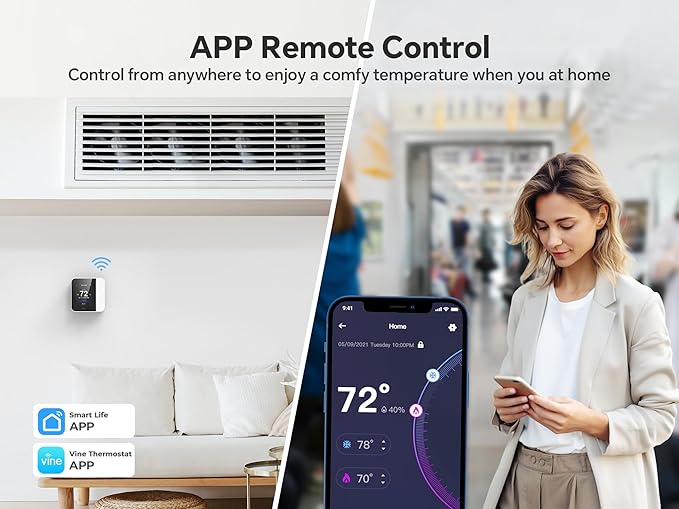 vine Smart Thermostat for House, WiFi Thermostats for Home Compatible with Alexa and Google Assistant, 7day x 8period Programmable, Energy Star Certified, C-Wire Required