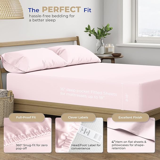 THREAD SPREAD Twin XL Sheet Sets Cotton - 400 Thread Count 100% Cotton XL Twin Sheets, 3 PC (Blush), Luxury Soft, Breathable, Cooling, Extra Large 16" Deep Pocket Sateen Bedsheet for Dorm Rooms