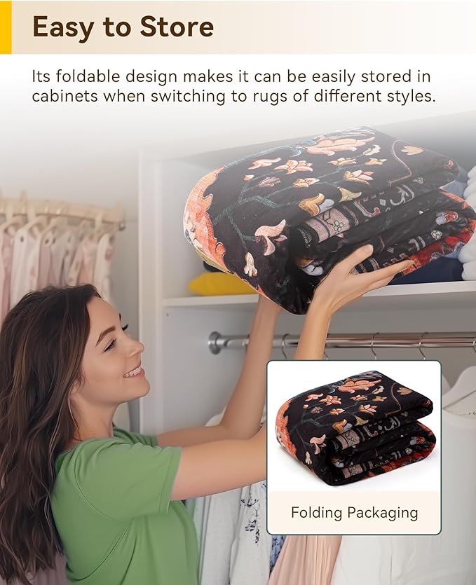 Area Rugs 2'x8' Washable Non-Slip, Floral Vintage Distress Print Pattern Medallion Carpet for Living Room Bedroom Dining Room, Black Colorful Floral Dark Tan