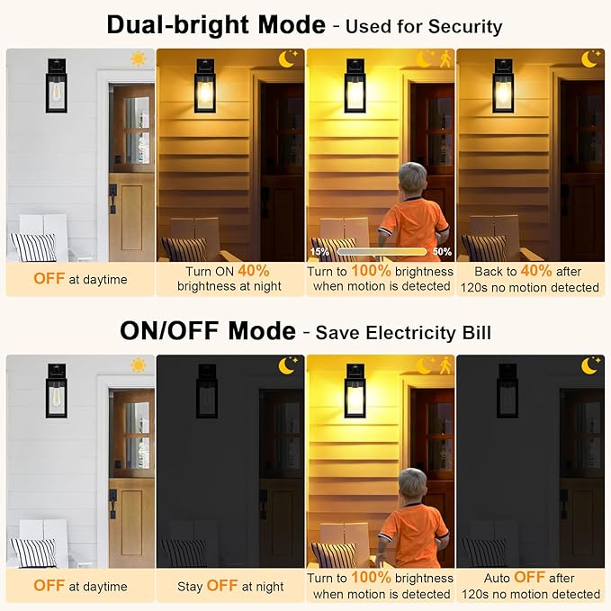 LTBLIGHT 2-Pack Motion Sensor Outdoor Wall Light Fixtures, Modern Black Dusk to Dawn Porch Light Lantern with 3 Modes, Waterproof Exterior Lighting for House, Patio, Garage, Front Door