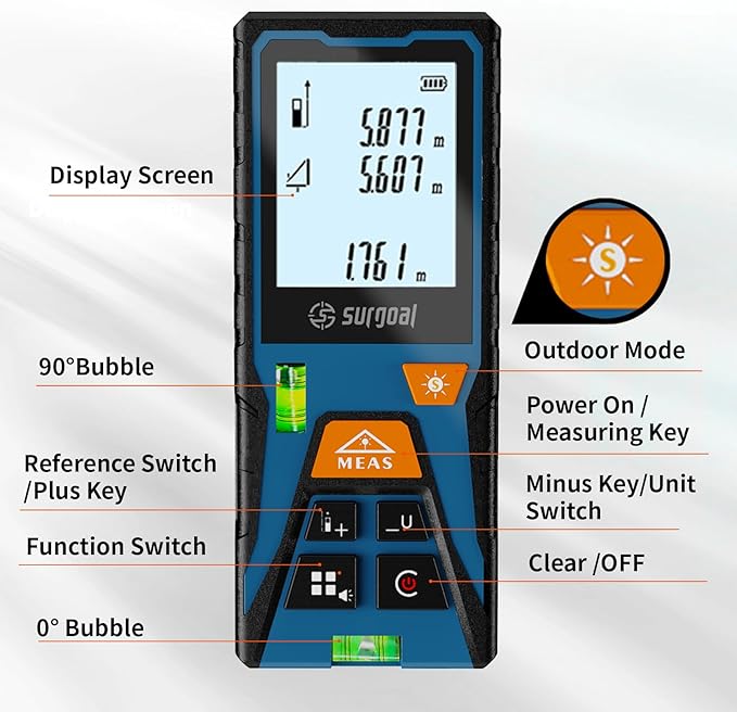 Laser Distance Meter 328ft – Digital Laser Measuring Tool with LCD Backlit Display, Area Volume Pythagorean, ±2mm Accuracy, Class II, Electronic Tape Measure for DIY Construction – AAA Battery Powered