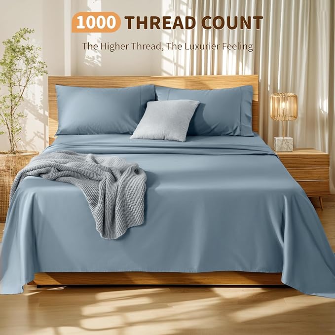 LBRO2M 100% Cotton Sheets Set Deep Pocket 19", 1000 Thread Count Full Size 4 Piece Bed Sheet Sets Soft Comfortable Bedding All Season (Full, French Blue)